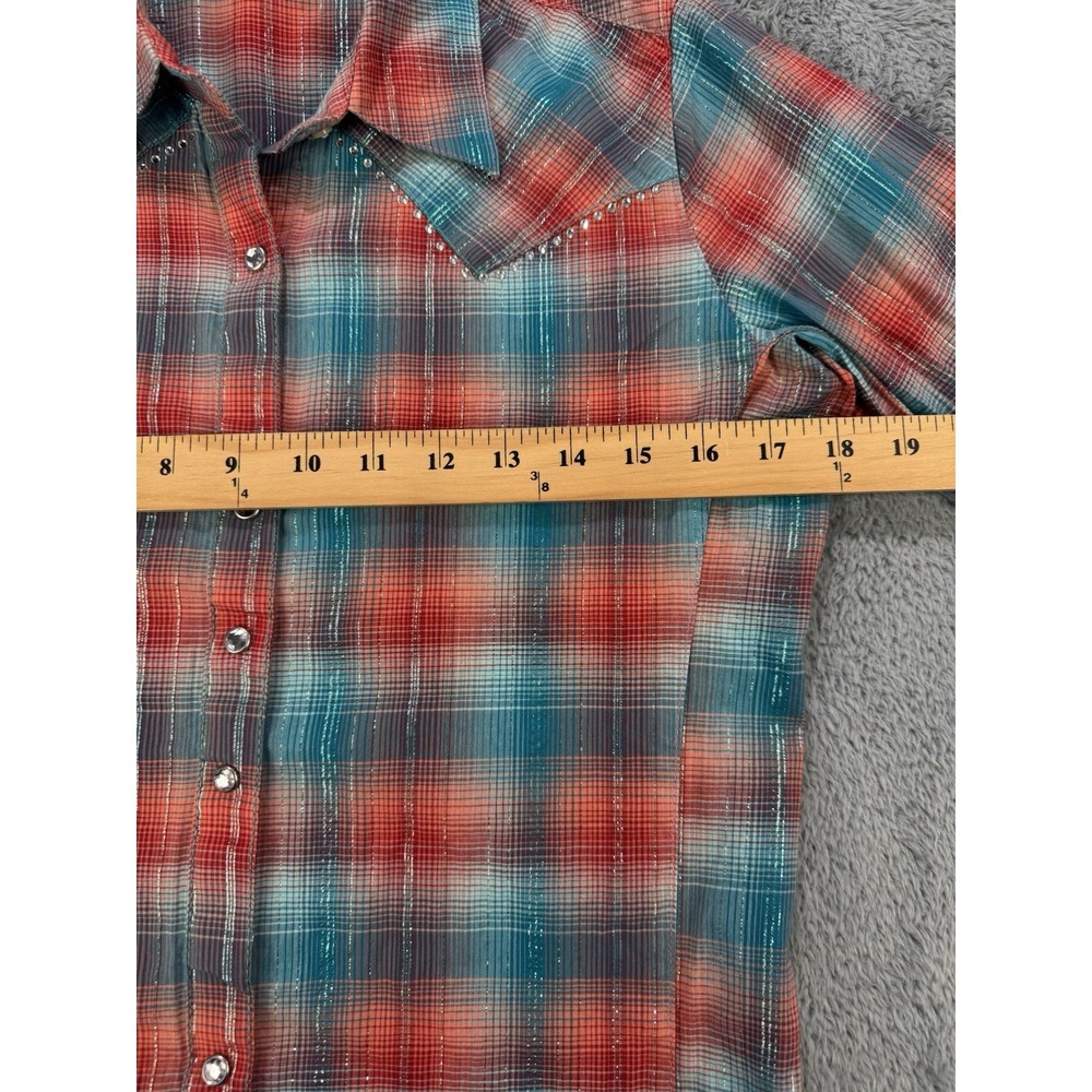 Wrangler Button Up Shirt Women S Rust Blue Metallic Plaid Embellished Cowboy - Picture 4 of 7